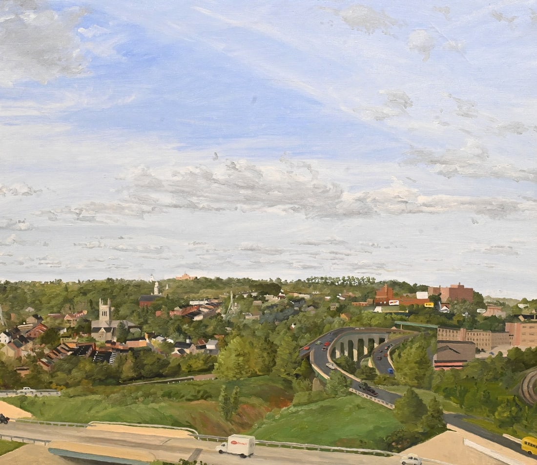 Emily Brown (American 20th Century): Emily Brown (American 20th Century) "East Falls", 1979 Oil on canvas Label verso with artist's name and title 23 1/2" x 29" Provenance: Property from a Private Collection Hirschl & Adler