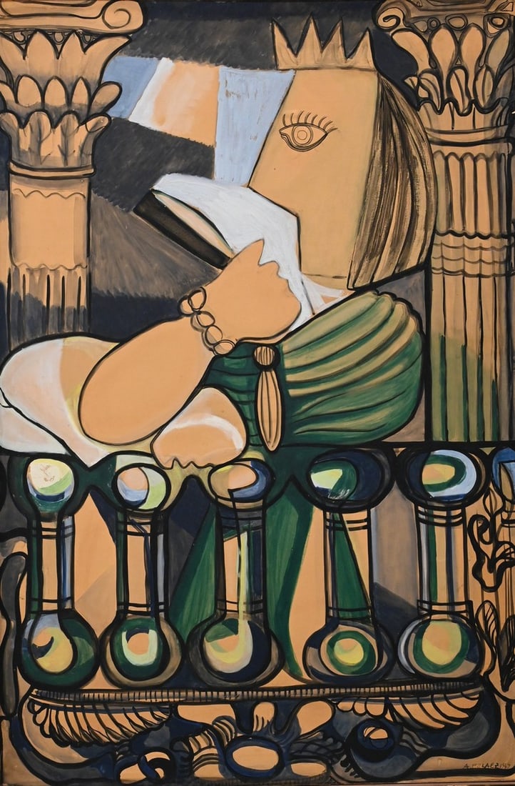 In the Manner of Amelia (Y Del Casal) Pelaez (Cuban 1897 - 1968): In the Manner of Amelia (Y Del Casal) Pelaez (Cuban 1897 - 1968) "Figura" (Cubist Figure), 1949 Gouache on paper mounted to board Signed and dated lower right A. Pelaez 1949, label on verso with