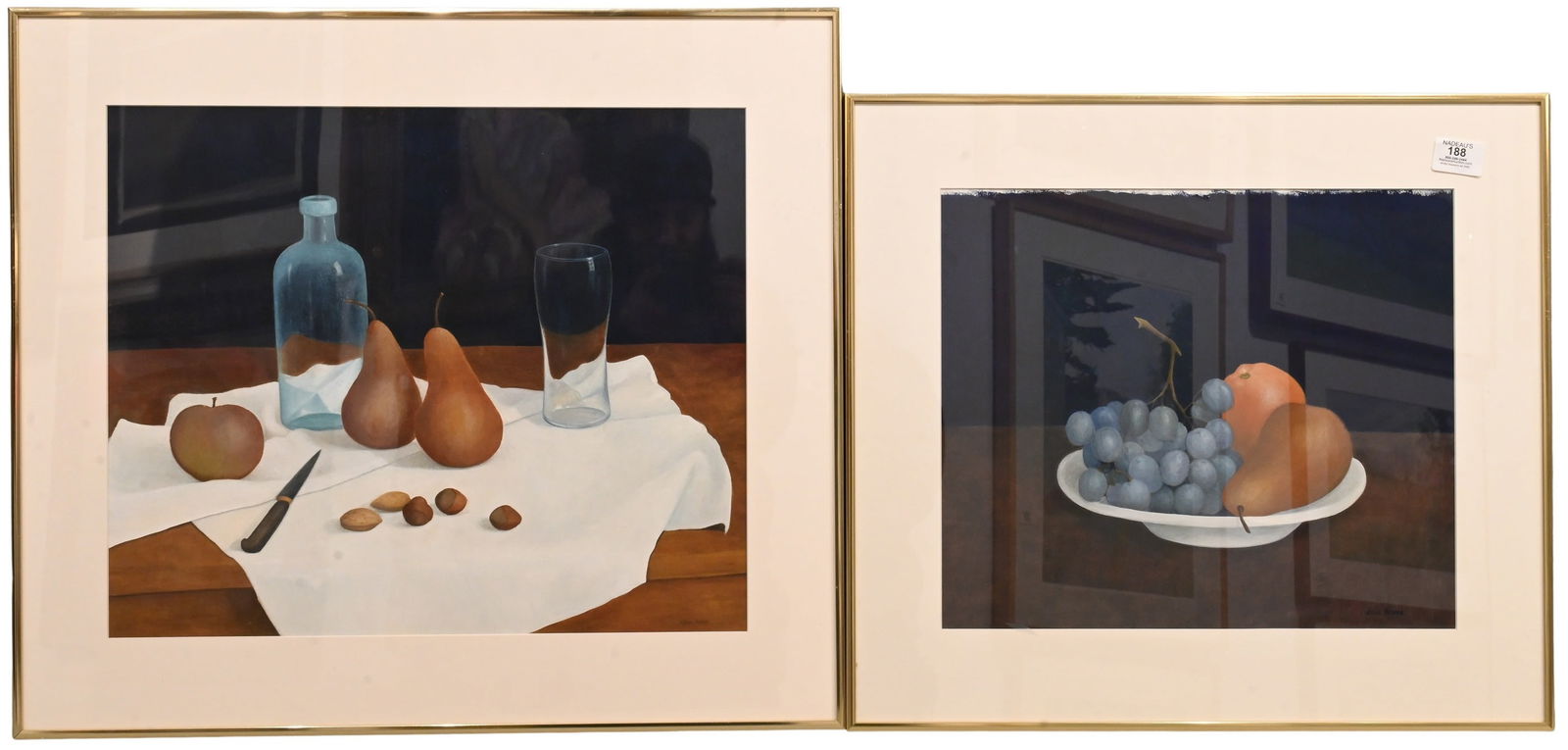 Two: Antonia Munroe (American B.1952): Two: Antonia Munroe (American B.1952) "White Plate with Grapes" Gouache on paper Signed lower right Antonia Munroe 19" x 21" frame "Still Life with Two Pears" Gouache on paper Signed lower