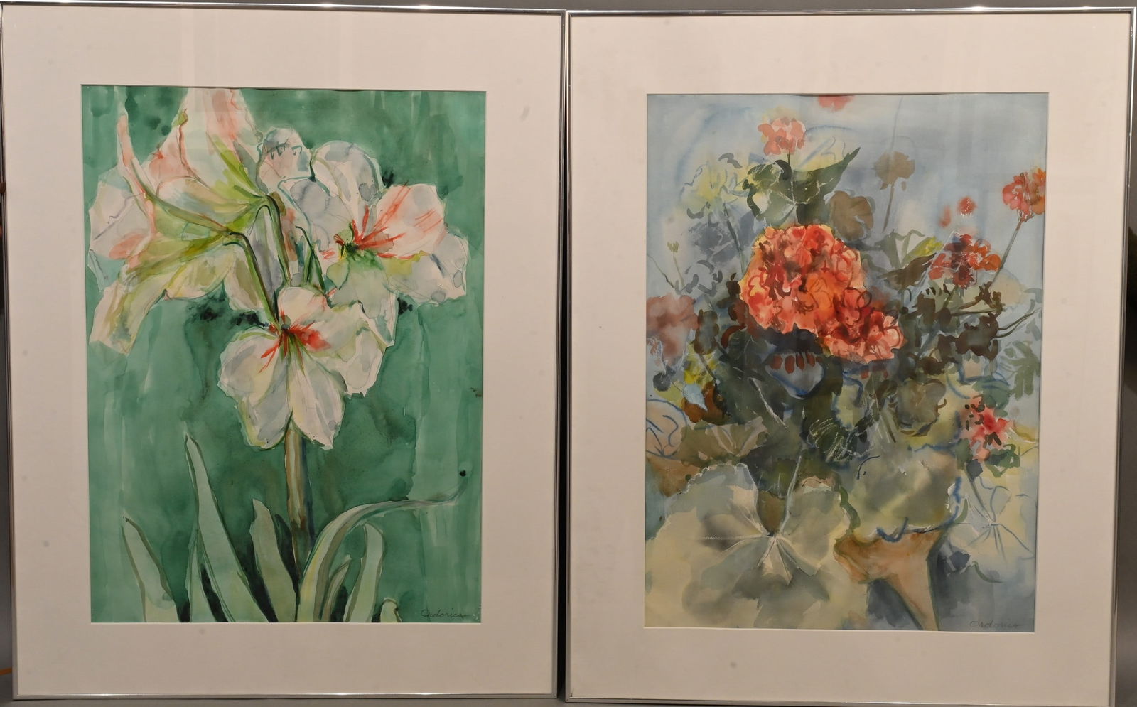 Four: Hilda Ordorica (American 1908-2002): Four: Hilda Ordorica (American 1908-2002) "Geranium with Mexican Ceramic" Watercolor on paper Signed lower right Ordorica 29 1/2" x 21 1/2" "Amaryllis" Watercolor on paper Signed lower right Ordorica