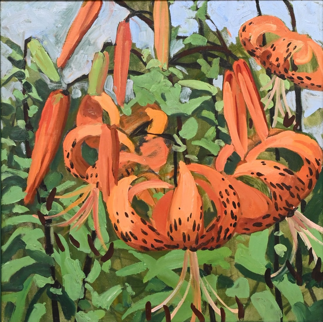 Jane Peterson (American 1876-1965): Jane Peterson (American 1876-1965) "Tiger Lilies" Oil on canvas A vivid floral composition depicting blooming tiger lilies rendered in bold, flattened forms and expressive, gestural brushwork. Saturat