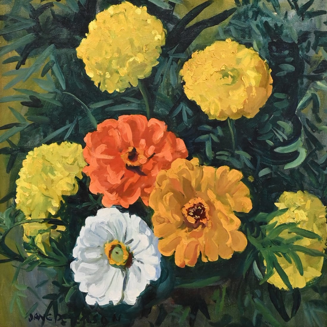 Jane Peterson (American 1876-1965): Jane Peterson (American 1876-1965) "Zinnias" Oil on canvas A bold floral composition depicting zinnias in full bloom, rendered in thick, animated brushwork and saturated color. Brilliant yellows,