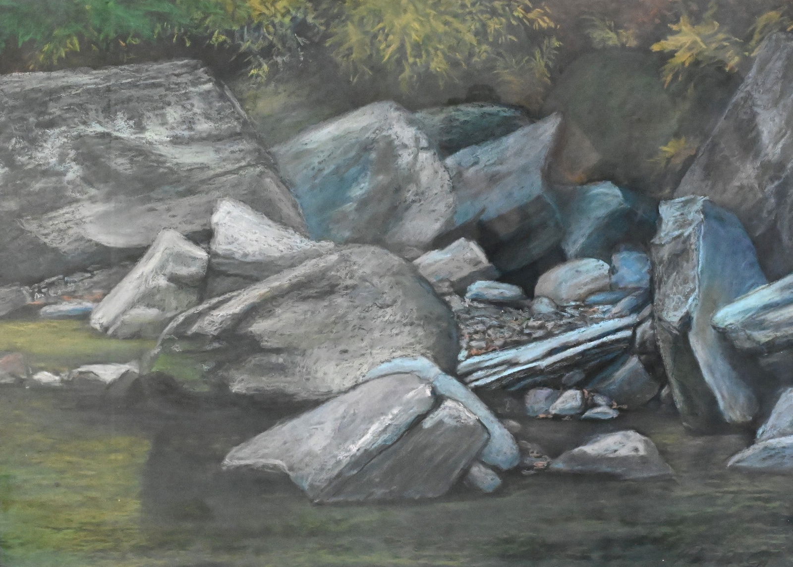 Rosalie Gosler Hamblin (American 20th Century): Rosalie Gosler Hamblin (American 20th Century) Study of a Creek and Riverside Rocks Oil pastel on paper Signed lower right Rosalie Golser 15" x 21" sight, 23" x 29" frame Provenance: Property