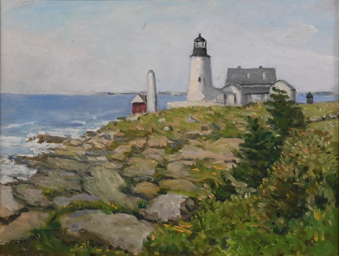 Helen Savier DuMond (American 1872-1968): Helen Savier DuMond (American 1872-1968) New England Coastal Lighthouse Oil on canvas The composition depicts a lighthouse set atop a rocky coastal promontory overlooking the sea, with waves breaking