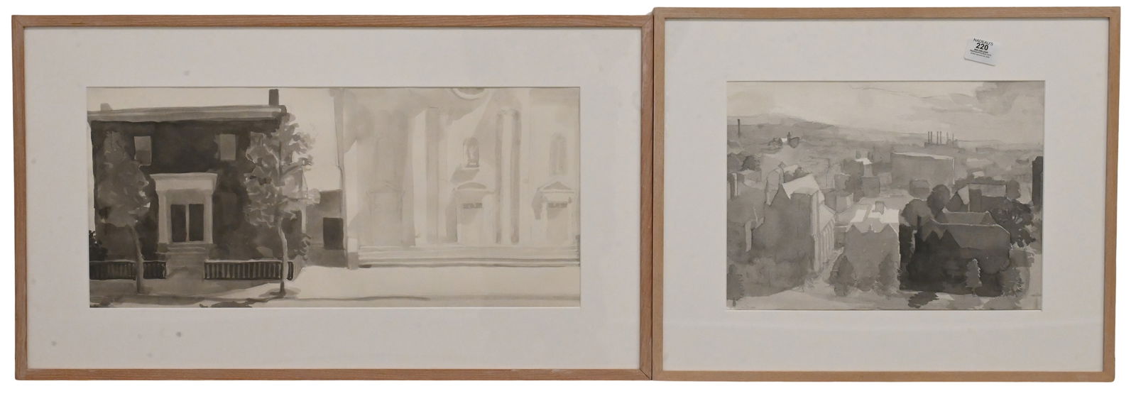 Two: Elaine Wilson (American 20th/21st Century): Two: Elaine Wilson (American 20th/21st Century) "Skyline View of New Haven" Ink wash on paper Signed lower left "Wilson" 17 1/2" x 21 1/2" frame "Street View of New Haven" Ink wash on paper 