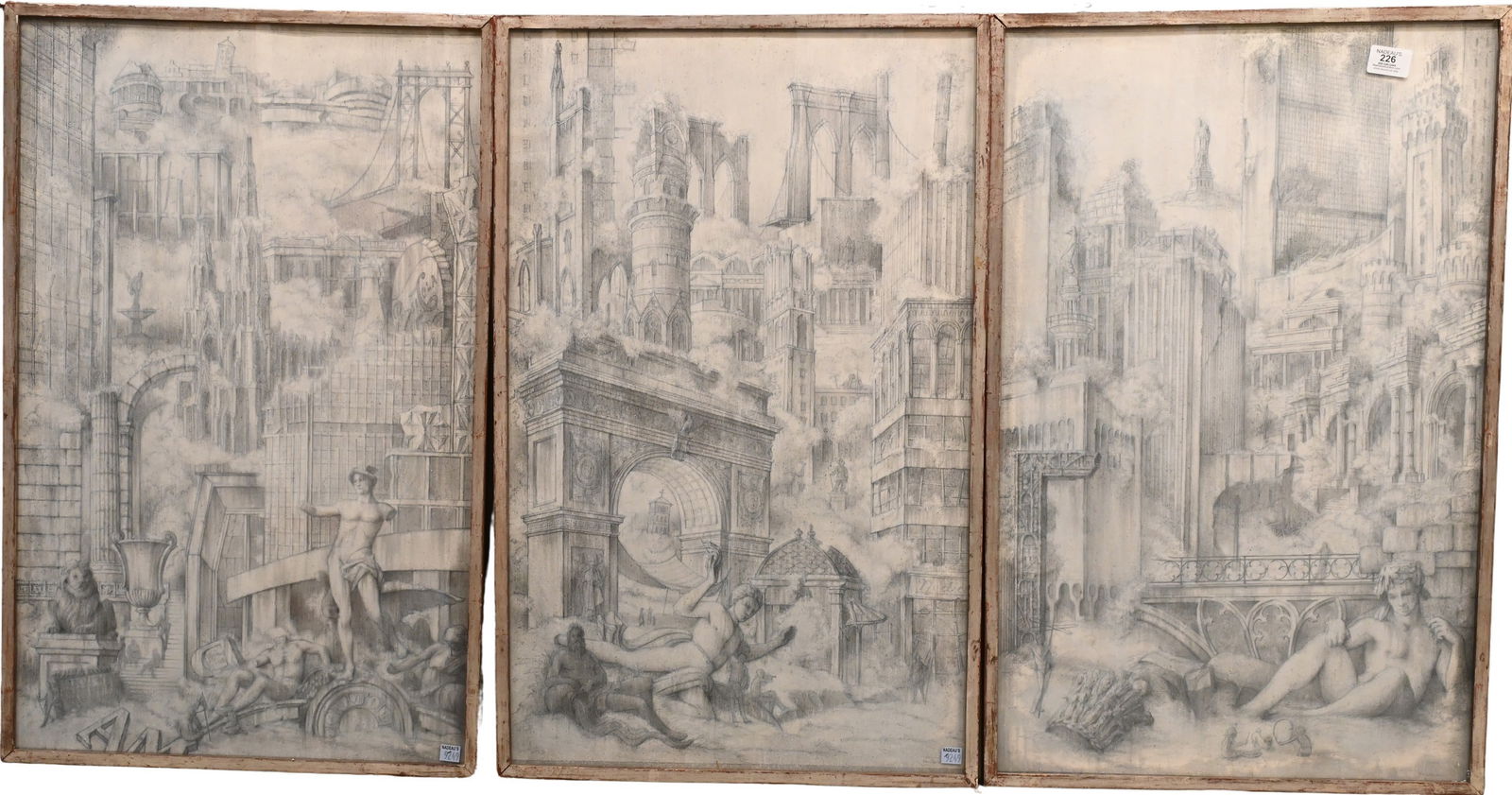 Three: Elsie Marion Henderson (British 1880 - 1967): Three: Elsie Marion Henderson (British 1880 - 1967) Architectural Fantasy Triptych, 1967 Cityscape rendered in grisaille, depicting monumental classical ruins, arches, bridges, and sculptural figures