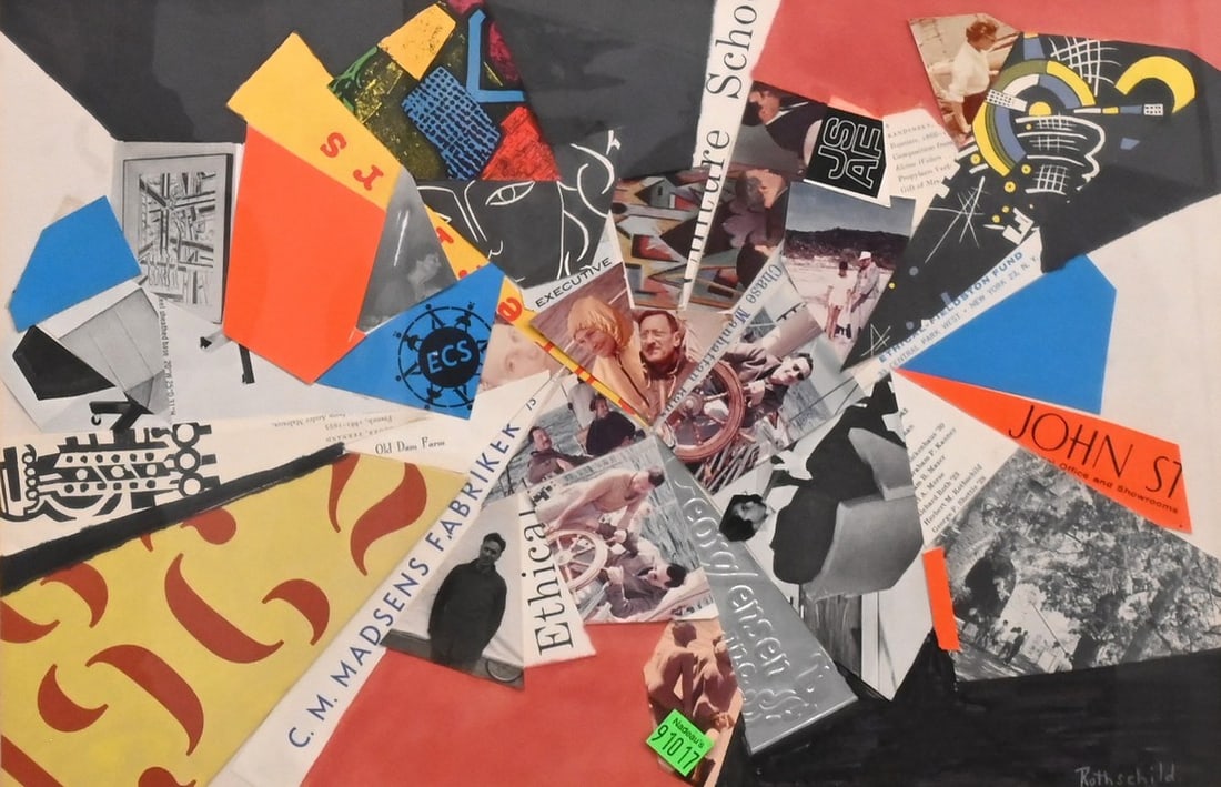 Judith Rothschild (American 1921-1993): Judith Rothschild (American 1921-1993) Rothschild Family Collage Mixed media cut paper collage Signed lower right Rothschild 12" x 18" Along with family scrapbook Provenance: Collection of Barbara Rot