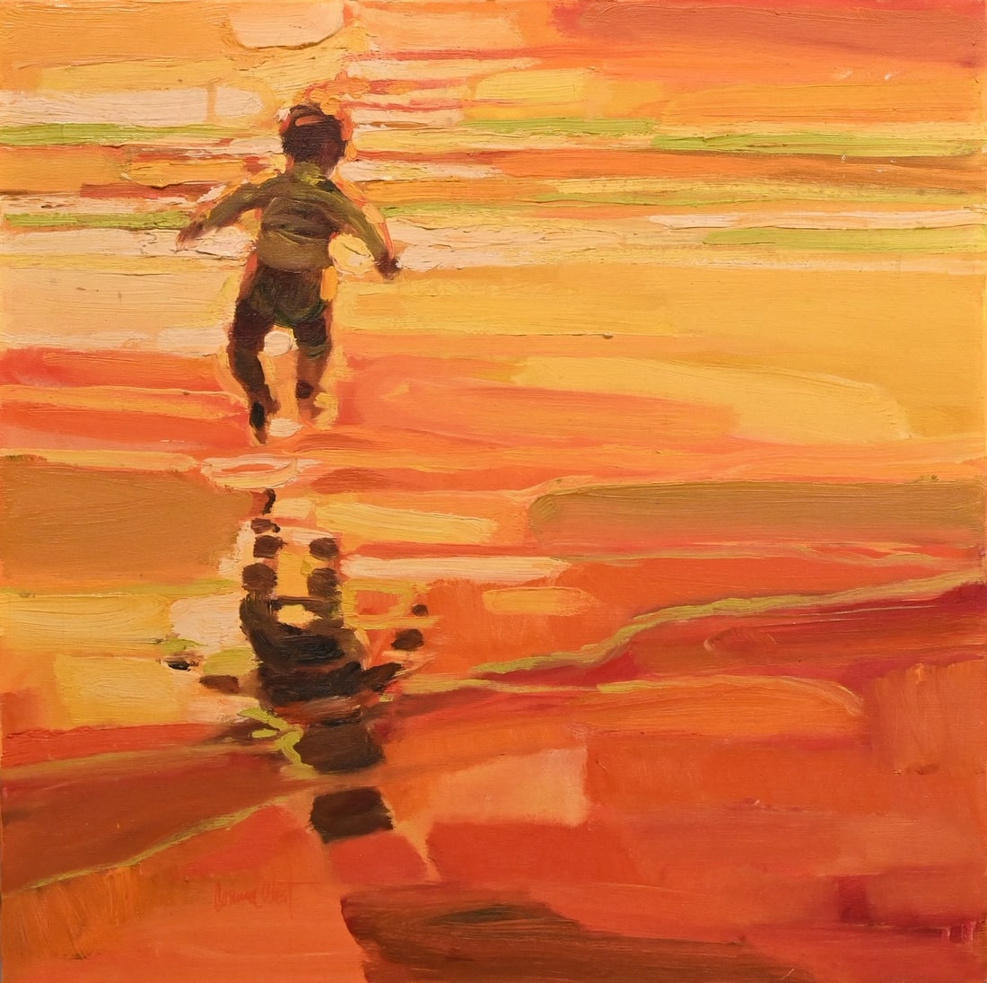 Corinne Hartley West (American 1924-2020): Corinne Hartley West (American 1924-2020) Toddler on the Beach at Sunset Oil on canvas Signed lower left Corinne West 24" x 24"
