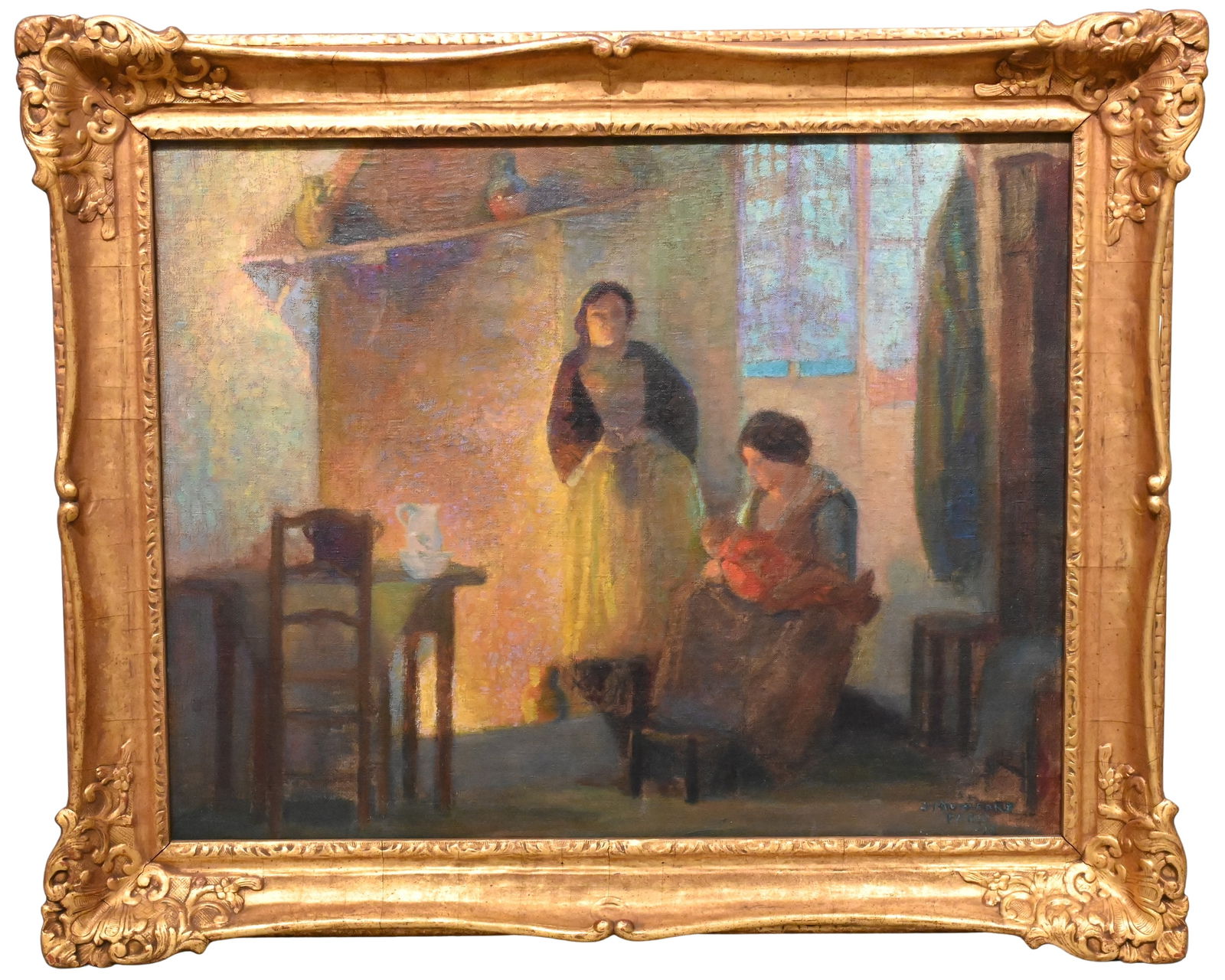 Jane Jarvis Mumford Pearson (American 1878-1948): Jane Jarvis Mumford Pearson (American 1878-1948) "Parisian Hearth Scene", 1914 Oil on canvas An evocative interior genre scene depicting two women and infant gathered beside a hearth within a modest P