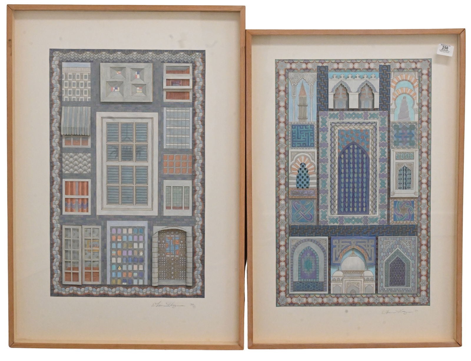 Three: Elaine Sherman Scheer (American 20th/21st Century): Three: Elaine Sherman Scheer (American 20th/21st Century) "Islamic Window" and "Modern Window", 1981 Cut paper, colored pencil, fabric collage Both signed and dated lower right E. Sherman Scheer '81 3