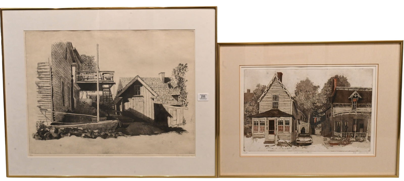 Four: Gloria "Glo" Sessions (American, Connecticut 1922-2011): Four: Gloria "Glo" Sessions (American, Connecticut 1922-2011) "Collinsville Victorian" edition 9/82 "End of Summer" edition 38/50 Antique Shop" edition 20/75 Etchings Each signed lower right Glo