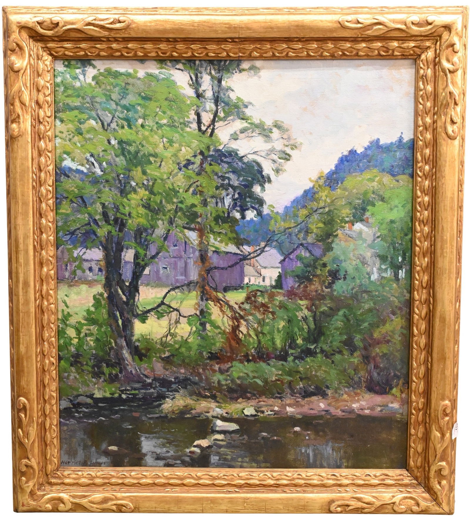 Harriet Randall Lumis (American 1870-1953): Harriet Randall Lumis (American 1870-1953) "In Cummington, Massachusetts" Oil on canvas A quintessential New England landscape depicting a quiet stream bordered by trees and village buildings beyond.