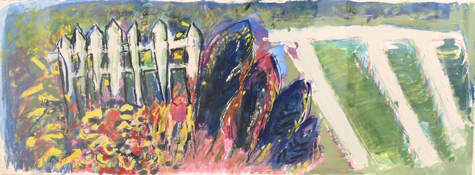 Kate Moran (American B.1958): Kate Moran (American B.1958) "Pickets" Mixed media, gouache on paper Signed lower right Kate Moran 12" x 31" Provenance: Property from a Private Collection Reference: The artist has exhibited