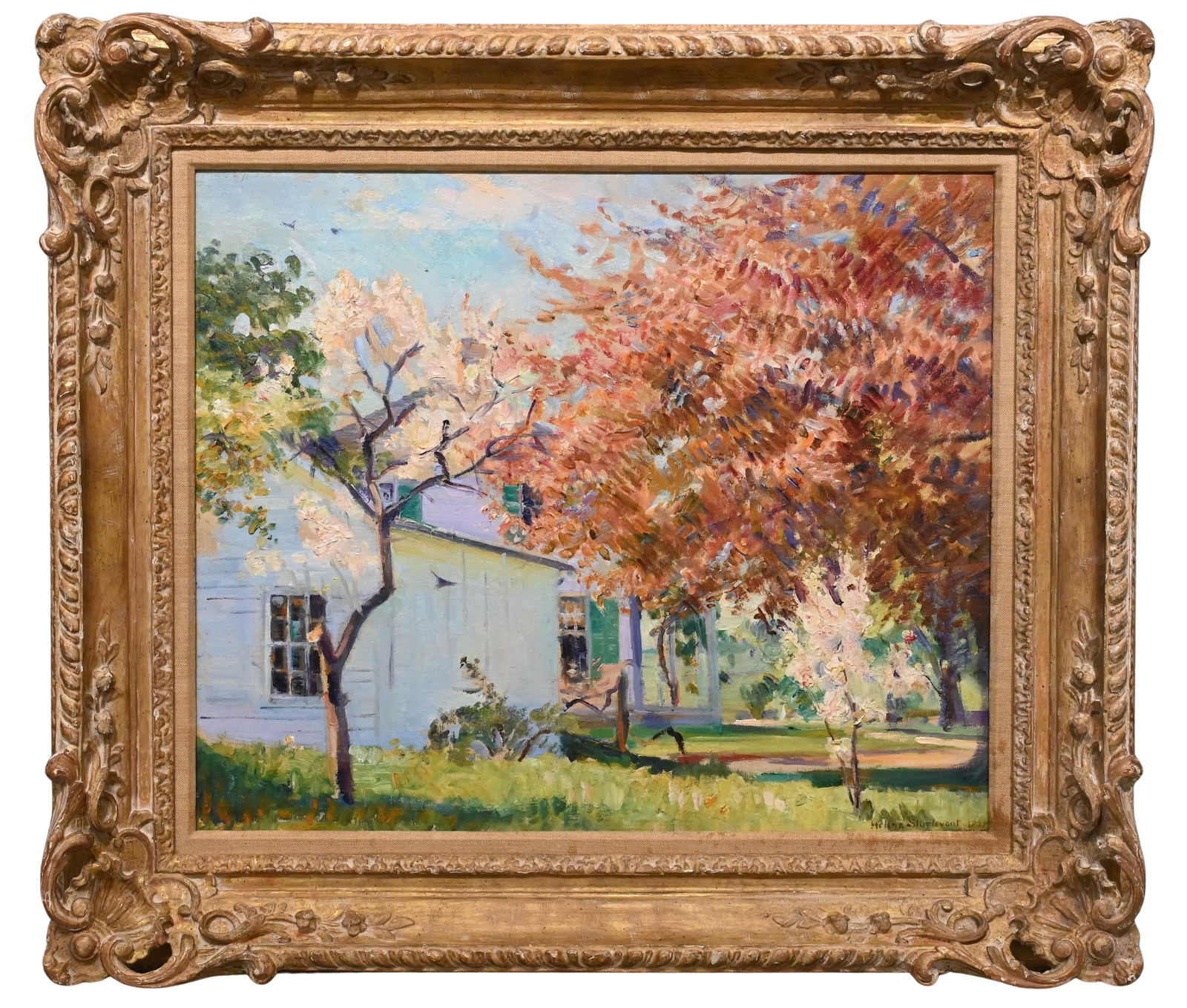 Helena Sturtevant (American 1872-1946): Helena Sturtevant (American 1872-1946) "The Side Yard, Late Afternoon", 1929 Oil on canvas A luminous domestic landscape depicting a white clapboard house set amid flowering trees and fresh spring