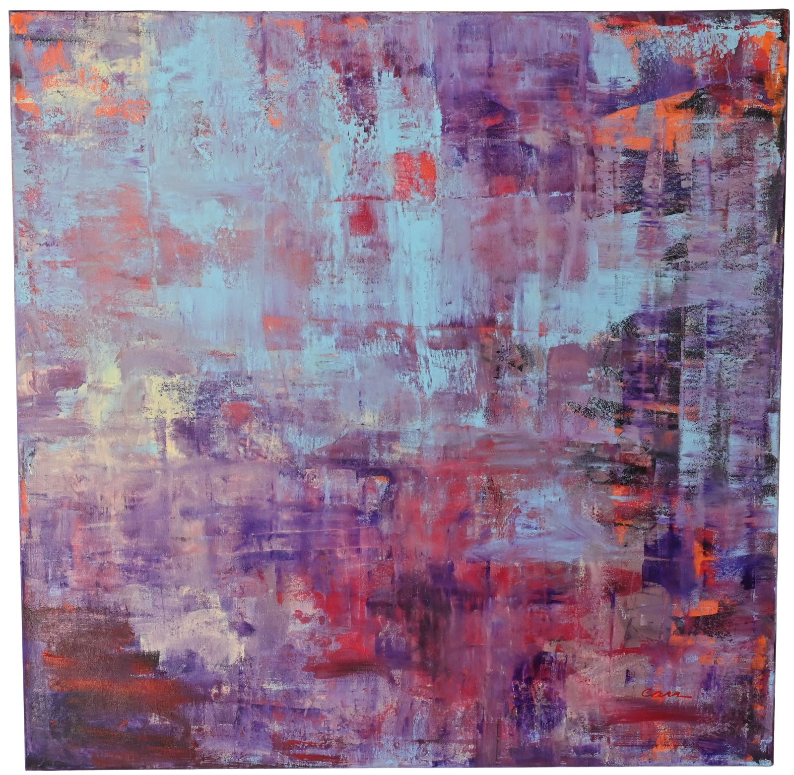 Arlene Carr (American 20th/21st Century): Arlene Carr (American 20th/21st Century) "Electric Twilight" Acrylic on canvas An energetic abstract composition featuring vivid purples, hot pinks, and flashes of aqua, suggestive of city lights diss