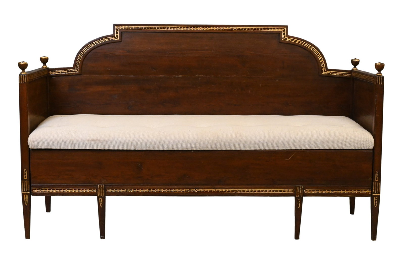 Continental Daybed Opening to Double: Continental Daybed Opening to Double having finials and gilt decoration, pull out front, all set on square tapered legs, circa 1800 height 43 inches, length 71 1/2 inches, depth 24 inches, double widt