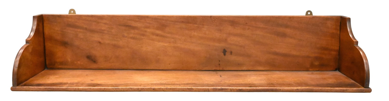 George IV Mahogany Hanging Shelf: George IV Mahogany Hanging Shelf having backsplash dovetailed corners and brass handles, 19th century height 6 3/4 inches, length 34 inches