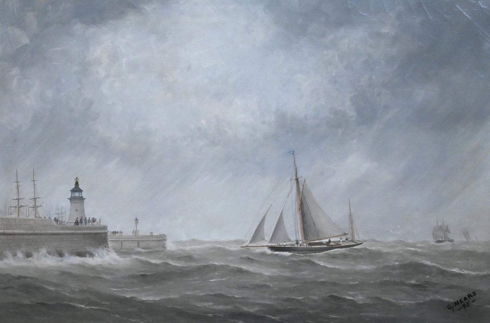 George Mears (British 1865-1910): George Mears (British 1865-1910) "Yawl Entering Ramsgate", 1895 Oil on canvas depicting a yawl under sail navigating choppy seas approaching the Ramsgate harbor breakwater lighthouse and figures