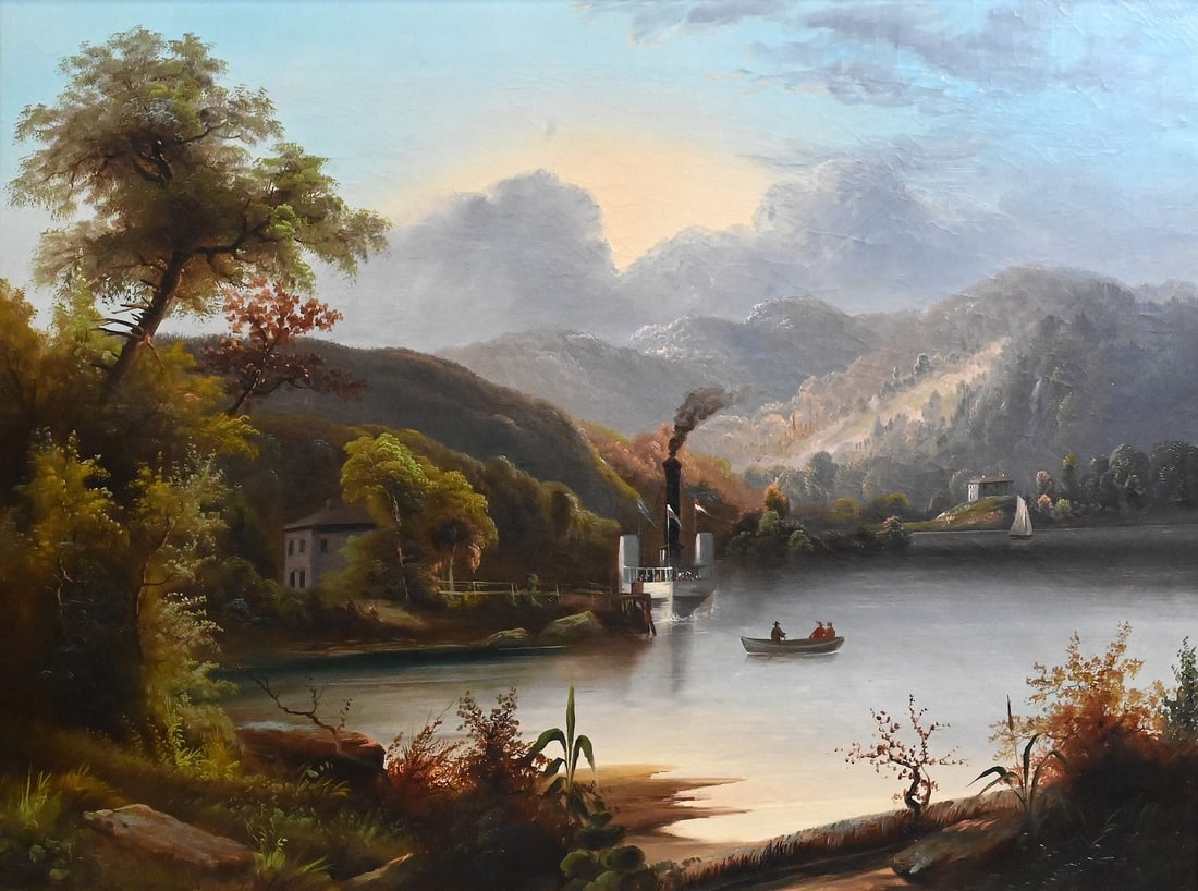 Hudson River School (American 19th Century): Hudson River School (American 19th Century) Oil on canvas depicting a river landscape single dock and double sidewheel Fulton steamboat at dock before mountainous terrain, figures in a rowboat and