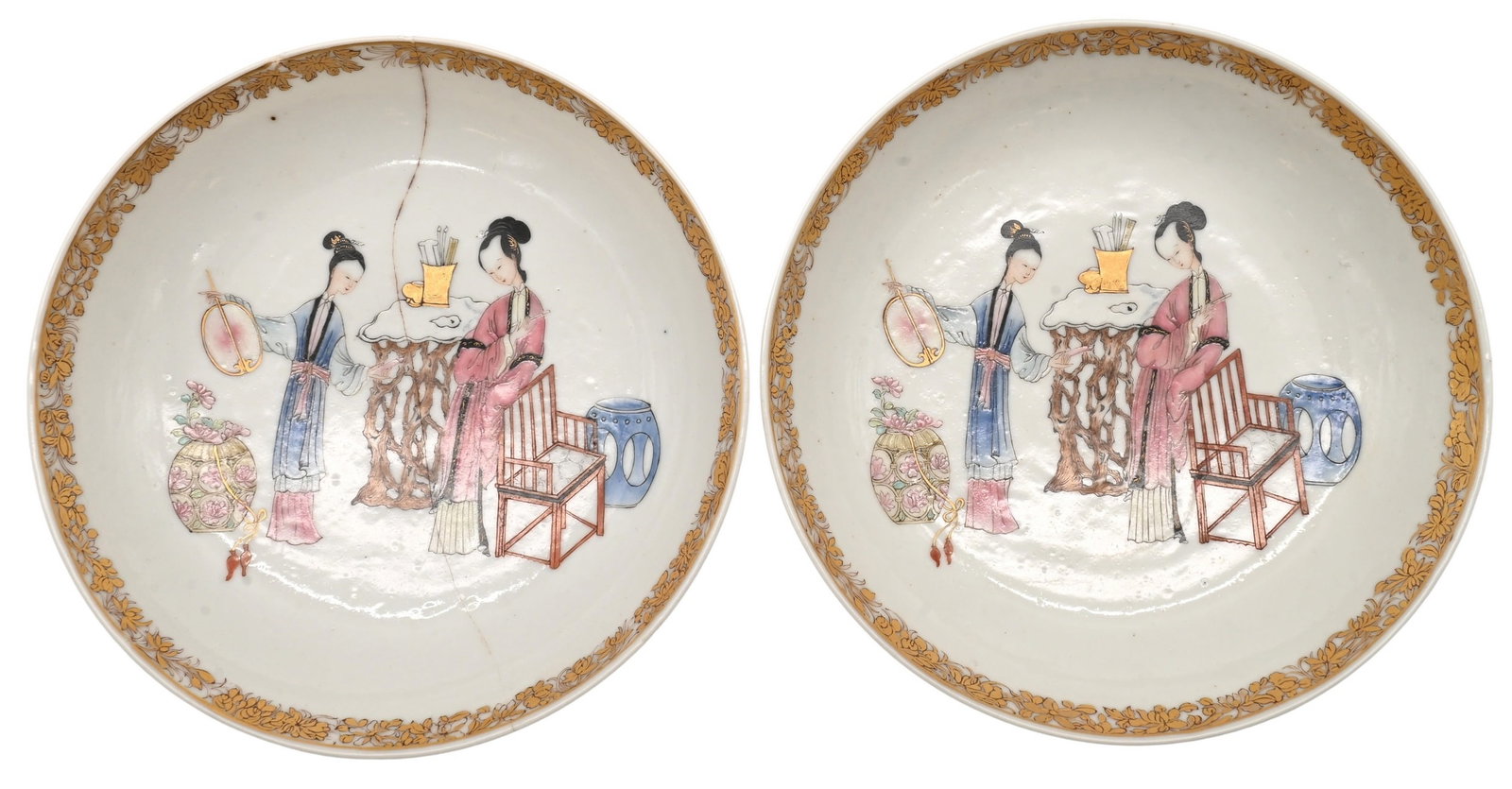 Pair of Chinese Export Porcelain Saucers: Pair of Chinese Export Porcelain Saucers decorated in figural geisha scenes and gilt borders, each old "Chinese Porcelain Company" label to underside, one having crack, 19th century or earlier 