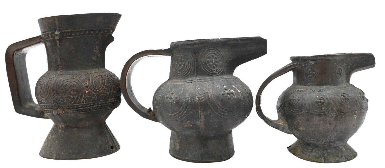 Three Bronze Tibetan Pitchers: Three Bronze Tibetan Pitchers height ranges 4 inches to 5 3/4 inches