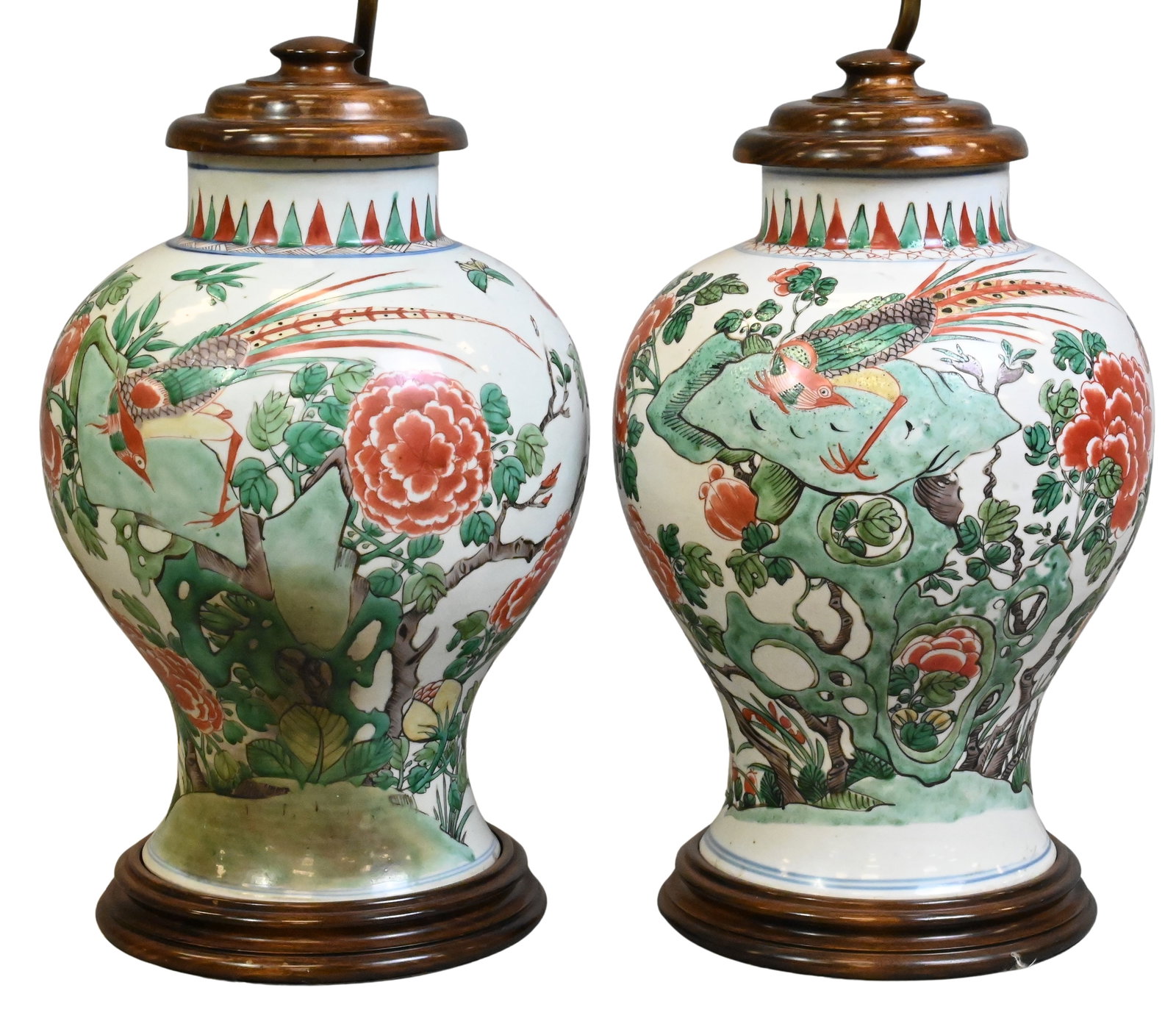 Pair of Chinese White Ground Vases having Peony Decoration now Mounted as Lamps (1 of 4)