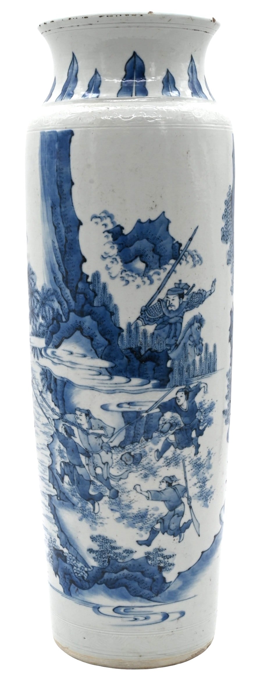 Chinese Qing Blue and White Figural Story Sleeve Vase: Chinese Qing Blue and White Figural Story Sleeve Vase The tapering cylindrical body rising to a wide waisted neck flaring at the rim, exterior showing figural story scene of warriors on horseback,