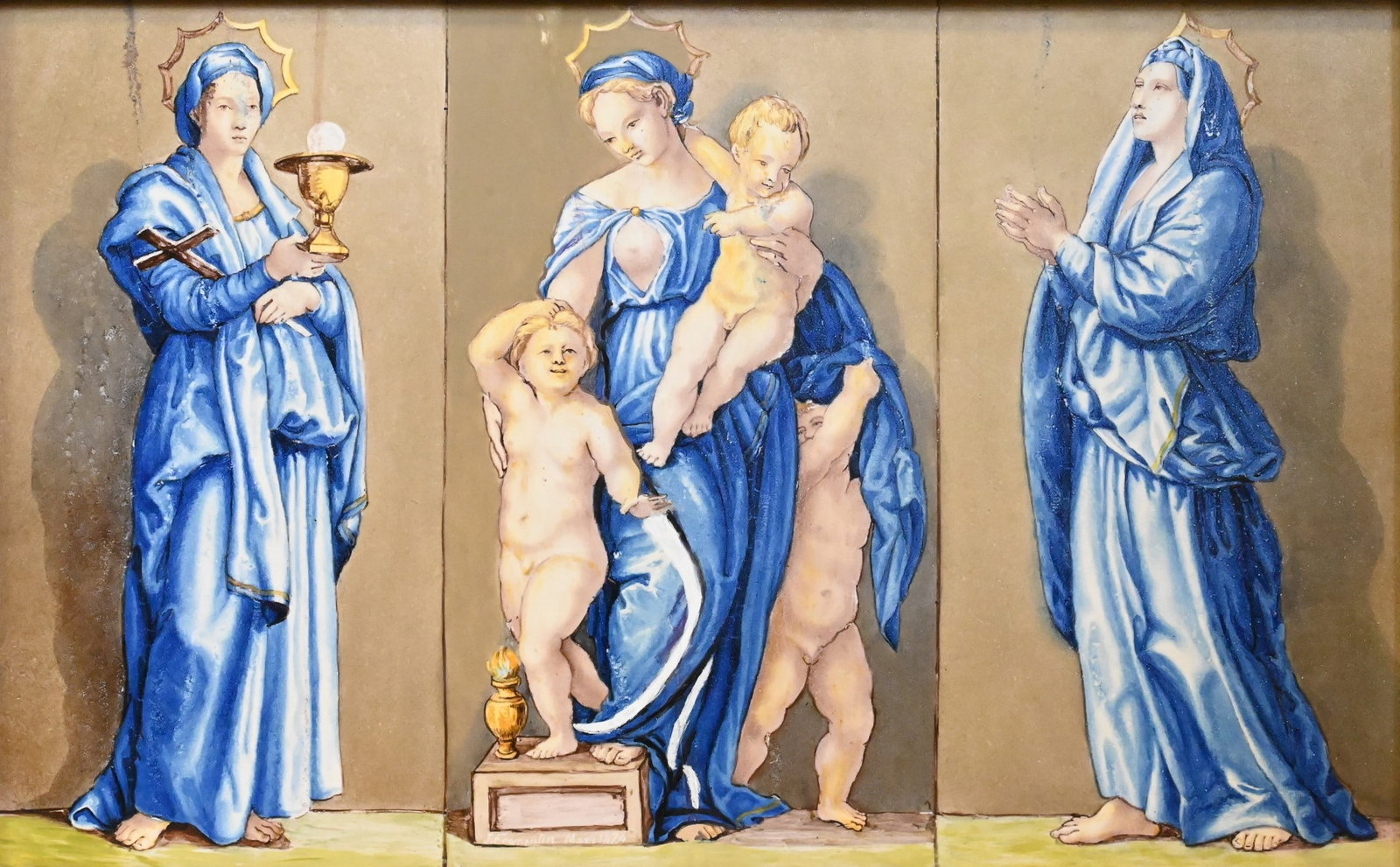 J. Fromentin (French 19th Century) after Andrea del Sarto (Italian 1486-1530): J. Fromentin (French 19th Century) after Andrea del Sarto (Italian 1486-1530) "Faith, Hope and Charity", 1874 hand-painted French tile depicting the virtues as allegorical figures in the Renaissance m