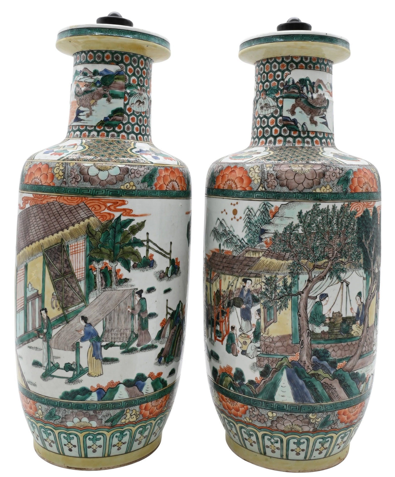 Pair of Chinese Famille Verte Porcelain Vases: Pair of Chinese Famille Verte Porcelain Vases having figural and landscape scenes of women weaving silk, bearing Kangxi marks, both having two wooden covers height 18 inches