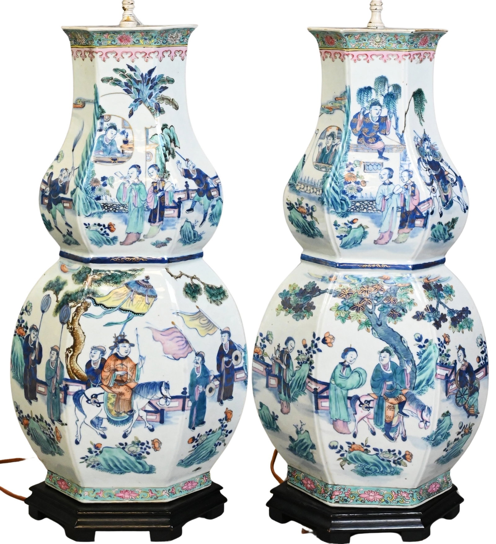 Pair of Chinese Export Famille Rose Hexagonal Vases Mounted as Lamps: Pair of Chinese Export Famille Rose Hexagonal Vases Mounted as Lamps tall six-sided porcelain baluster-form vases decorated in famille rose enamels panels depicting figures in garden settings and cour