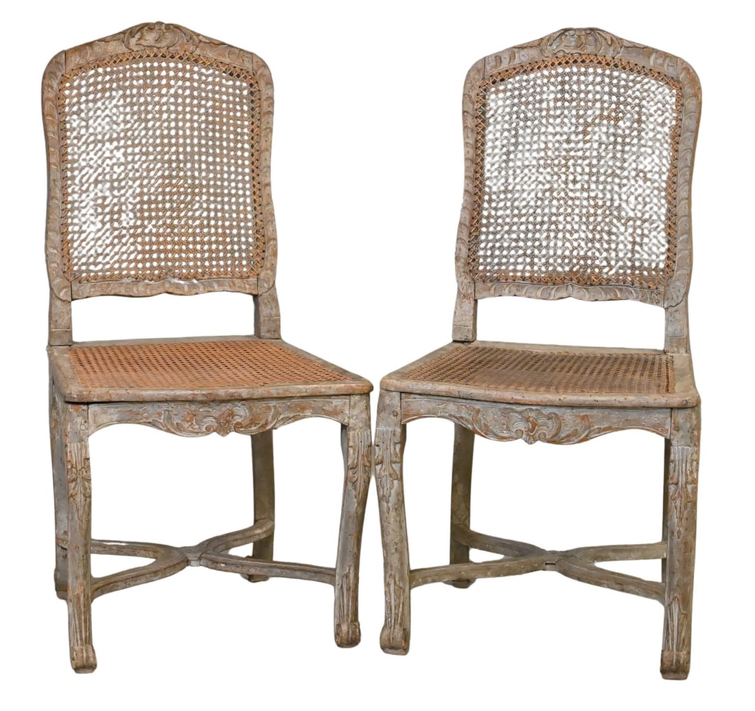 Pair of Louis XV Side Chairs having Caned Backs and Seats: Pair of Louis XV Side Chairs having Caned Backs and Seats mold grey paint height 36 1/2 inches, width 18 inches Provenance: From a Park Avenue, New York Estate