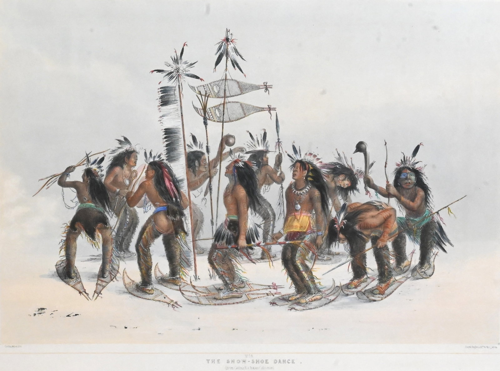 George Catlin (American 1796-1872): George Catlin (American 1796-1872) "The Snow Shoe Dance" plate 14 Lithograph with original hand-coloring from The North American Indian Portfolio Printed by Day & Haghe, lithographers, published by Ge