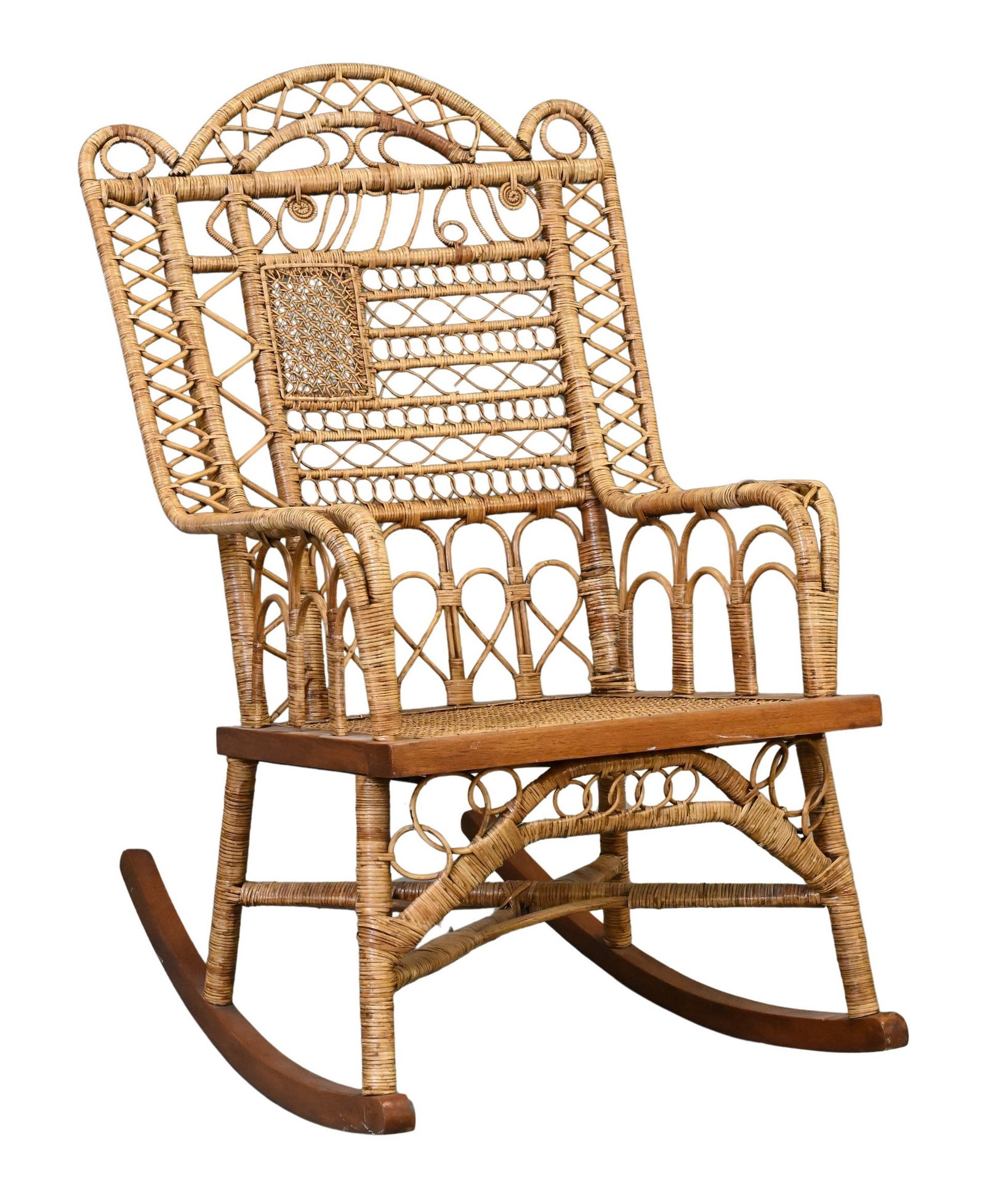 American Flag Centennial Wicker Rocking Chair: American Flag Centennial Wicker Rocking Chair woven wicker armchair, the back having stylized patriotic motifs including an American flag surmounted by the date 1776, having scrolled arms and intricat
