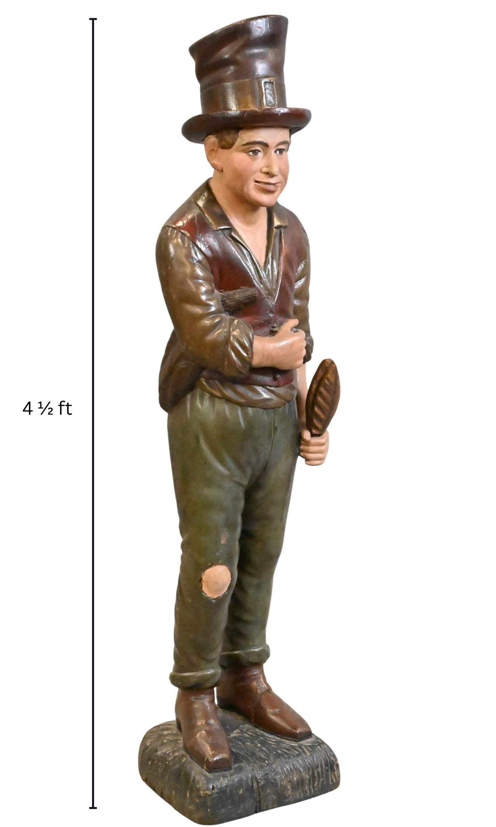 Polychrome Paint Decorated and Carved Yellow Pine Wood "Hobo" Tobacconist's Trade Figure: Polychrome Paint Decorated and Carved Yellow Pine Wood "Hobo" Tobacconist's Trade Figure figure standing with left hand holding a tobacco leaf, right hand now lacking pole, retaining old paint, raised