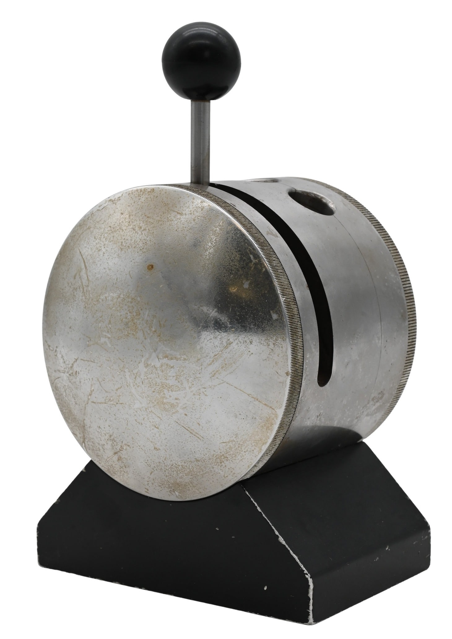 Heavy Steel Multi-Blade Cigar Cutter, mid-20th century: Heavy Steel Multi-Blade Cigar Cutter, mid-20th century of cylindrical form lever action mechanism, fitted with three variously sized cutting apertures, likely for different cigar gauges, mounted on a