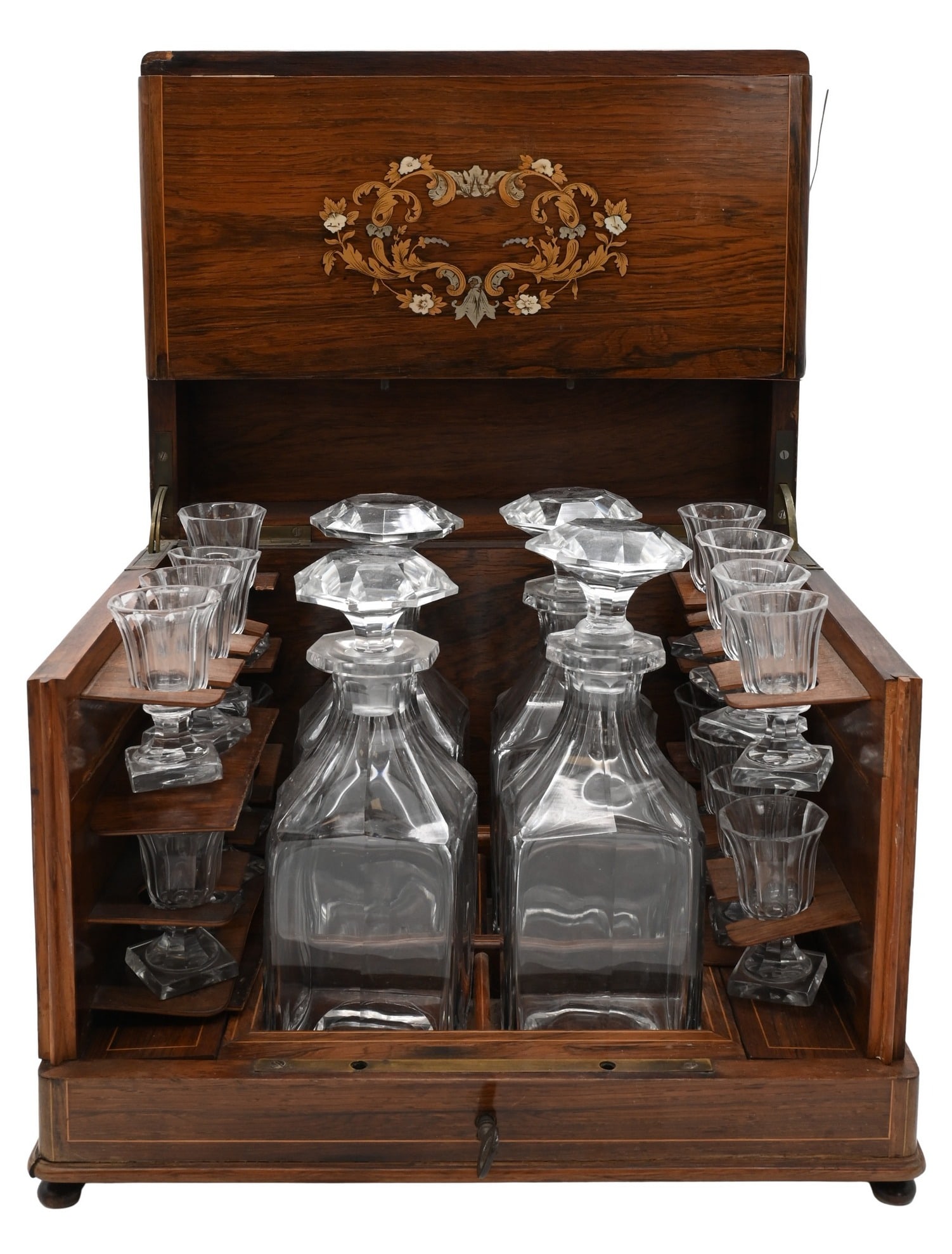 French Rosewood, Brass and Pewter Inlaid Tantalus Cordial Set (1 of 5)