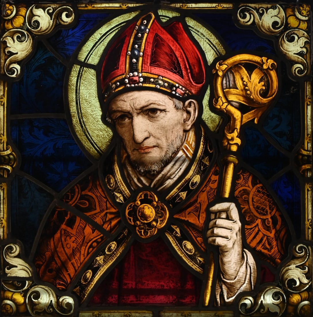 Stained Glass Religious Panel of Saint Nicholas: Stained Glass Religious Panel of Saint Nicholas depicting the saint as a bishop wearing a mitre and holding a crozier, rendered in polychrome glass, leaded construction, mounted for display 22" x 22"