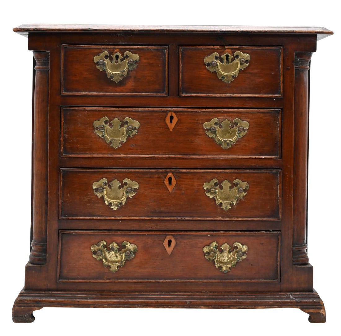Miniature Pennsylvania Federal Mahogany Chest of Drawers: Miniature Pennsylvania Federal Mahogany Chest of Drawers diminutive mahogany portable chest having two over three drawers, all retaining original brass pulls and escutcheons, the drawers having