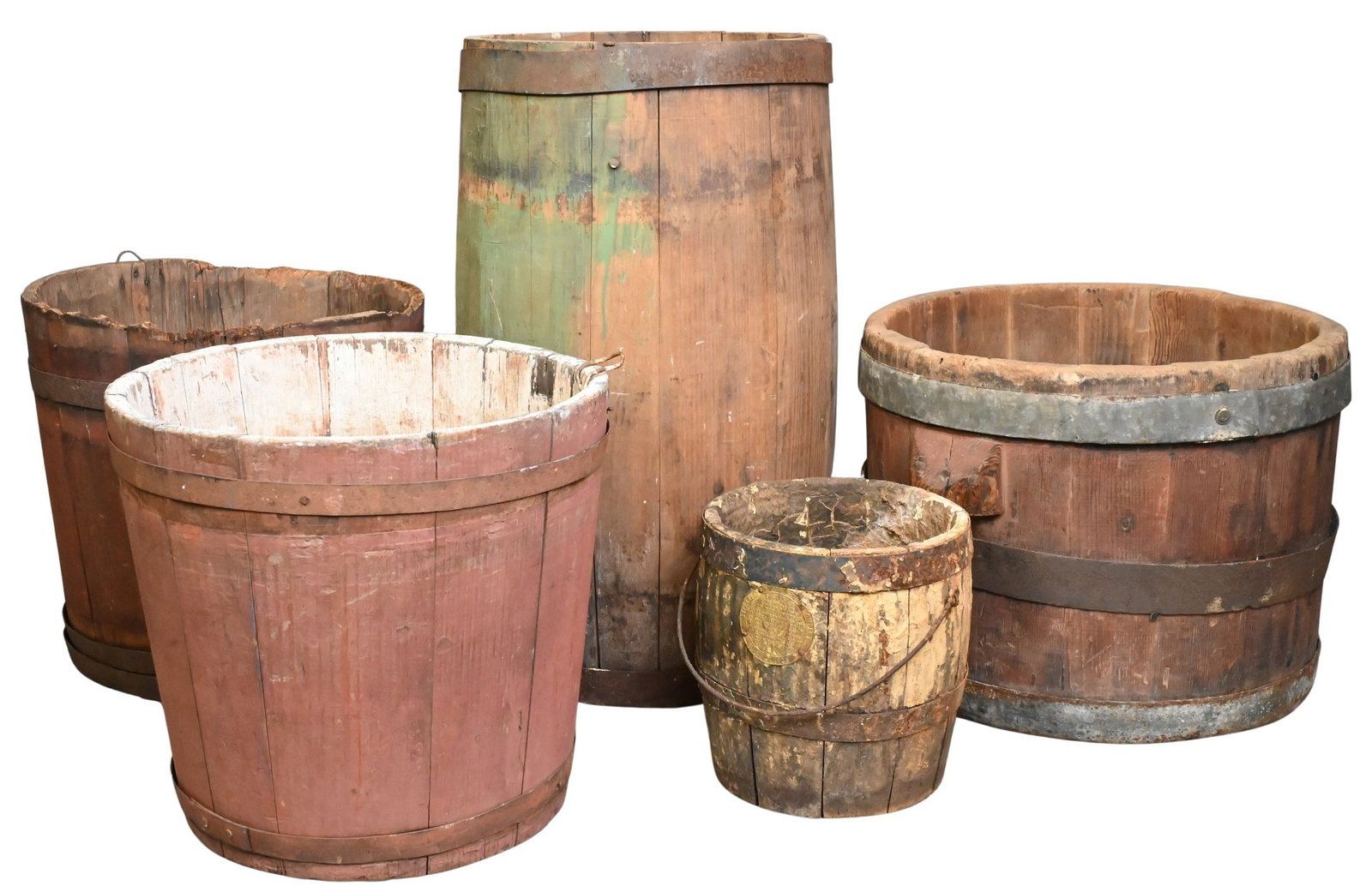 Group of Five Various Early Buckets with Metal Staves (1 of 5)