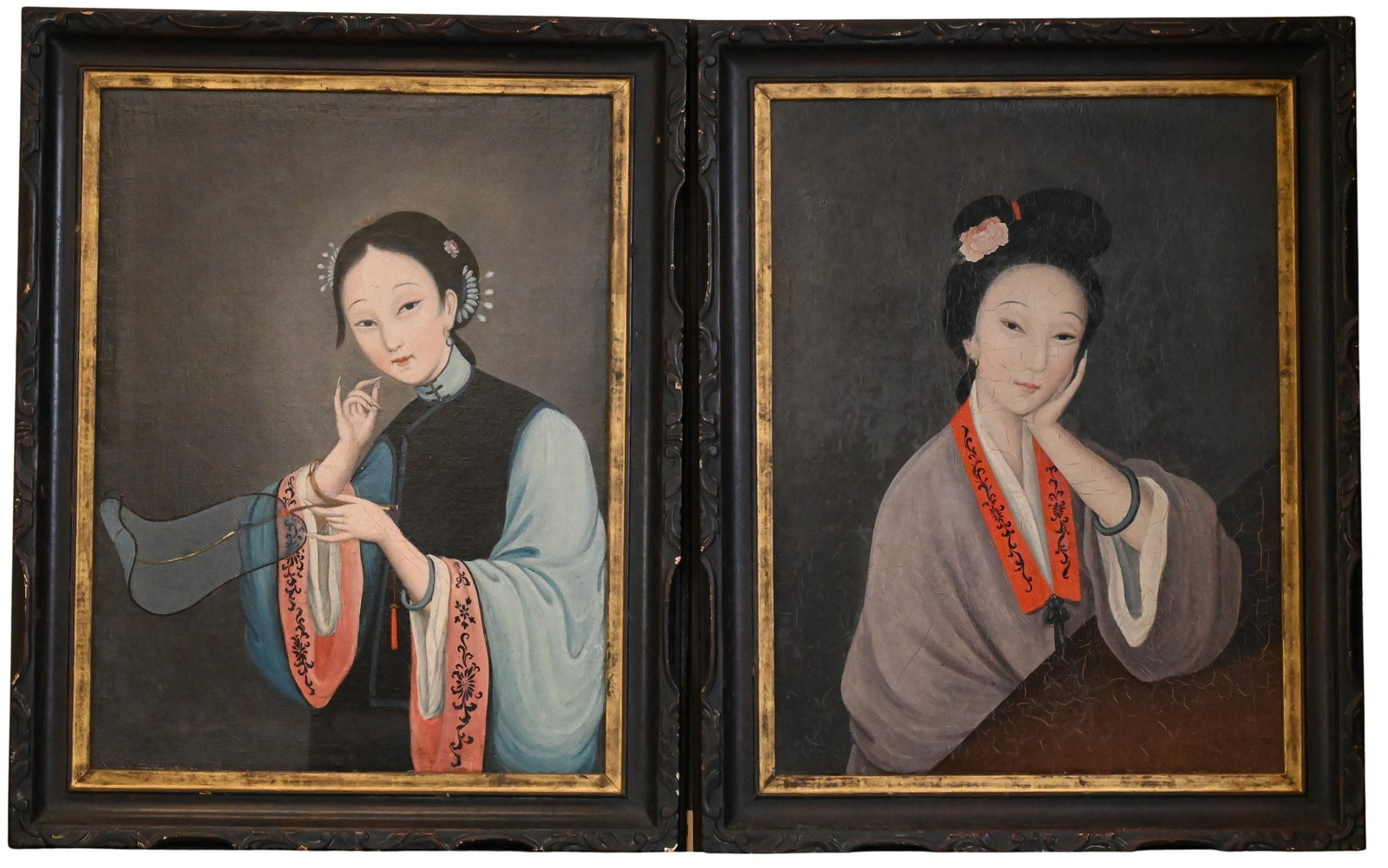 Pair of Chinese Export Portraits of Court Ladies: Pair of Chinese Export Portraits of Court Ladies both oil on panel depicting elegant Geisha type women in traditional dress, one holding a silk fan, and the other resting her head upon her hand,