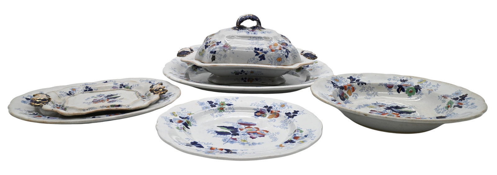 52 Piece Imari Patterned Ironstone Dinner Service: 52 Piece Imari Patterned Ironstone Dinner Service Including a 6 dinner plates, 19 luncheons plates, 16 soups, 4 covered and open compotes along with 7 additional serving pieces each decorated scattere