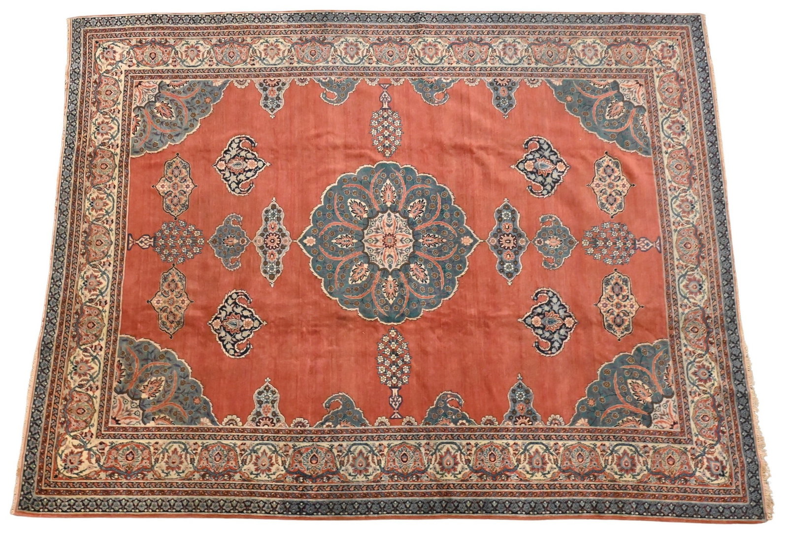 Tabriz Oriental Carpet: Tabriz Oriental Carpet Field of rust red having scattered floral medallions and stylized palmettes, in a multi-band border featuring intricate vinework and rosettes in cream, blue, and green tones 