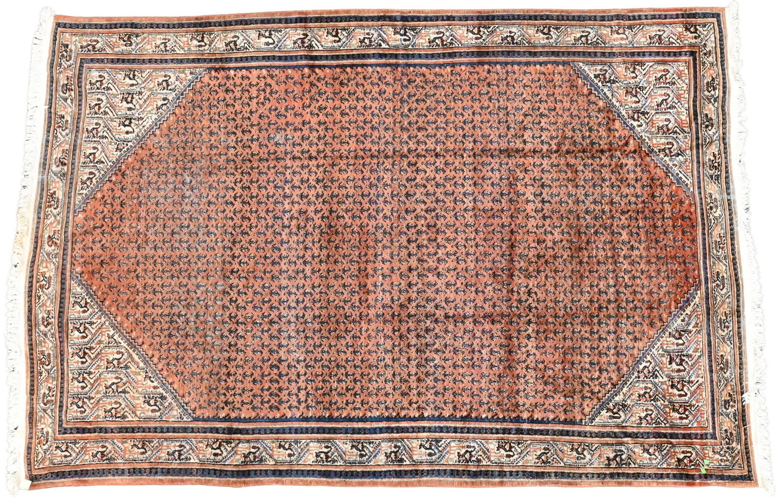 Serabend Carpet: Serabend Carpet having all over stylized leaf decoration in blue on a claret ground, West Persian 20th century 7' x 10'2" Provenance: Property of Mr. and Mrs. John D. Rockefeller III, from the