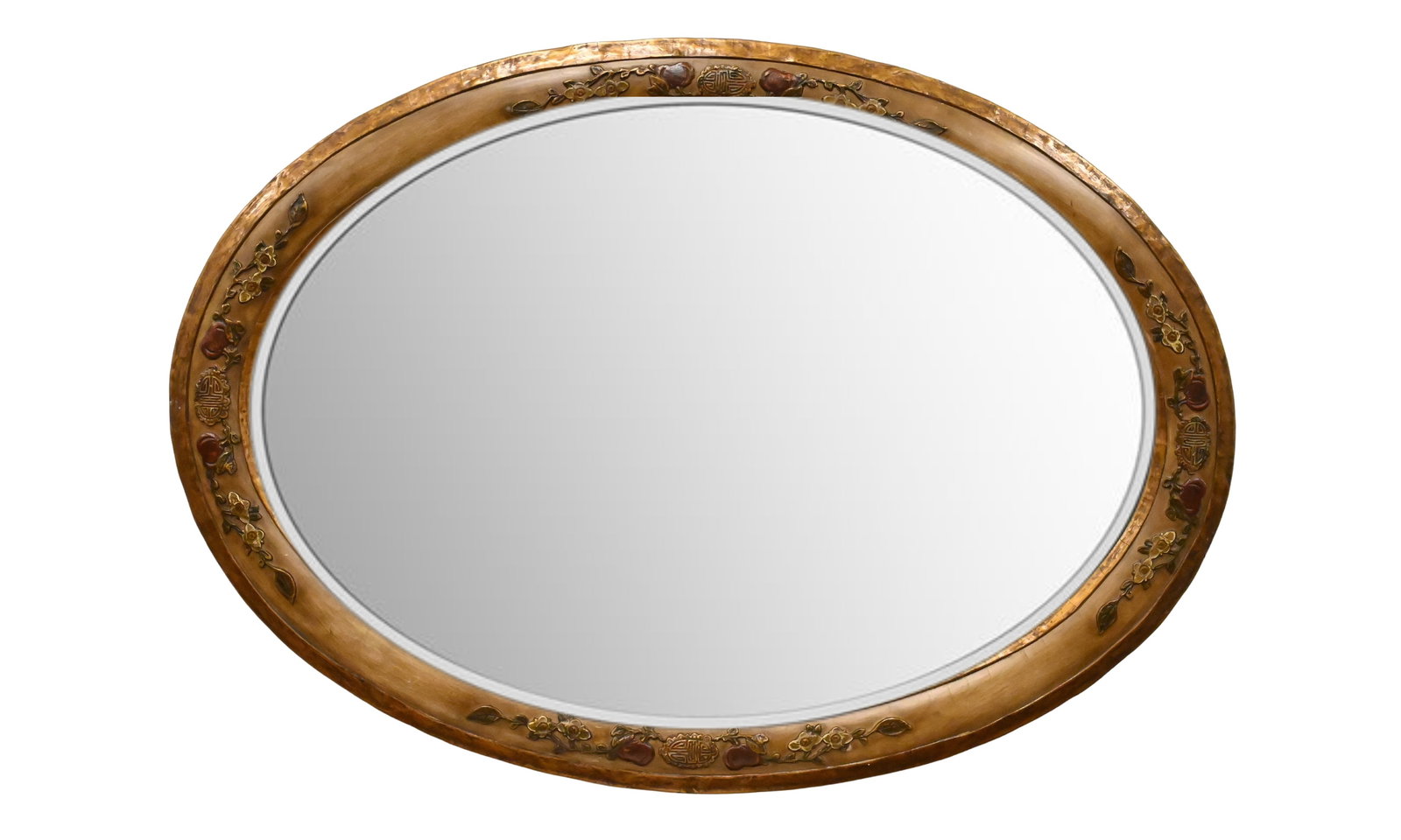 Polychrome Decorated Gold-Painted Oval Form Walnut Mirror: Polychrome Decorated Gold-Painted Oval Form Walnut Mirror having Chinese applied decoration 23 1/2" x 36" Provenance: Property of Mr. and Mrs. John D. Rockefeller III, from the Collection of Sandra Fe