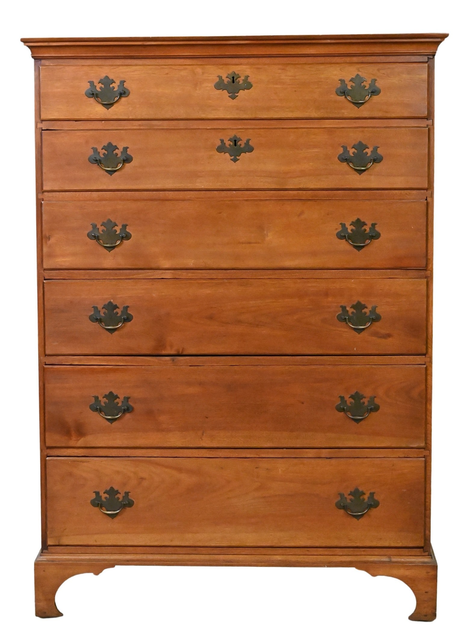 Chippendale Tall Chest: Chippendale Tall Chest having cove-molded rectangular pediment over six long drawers and bracket feet, delaware country circa 1770 height 57 1/2 inches, width 41 inches, depth 19 inches Provenance: Pr