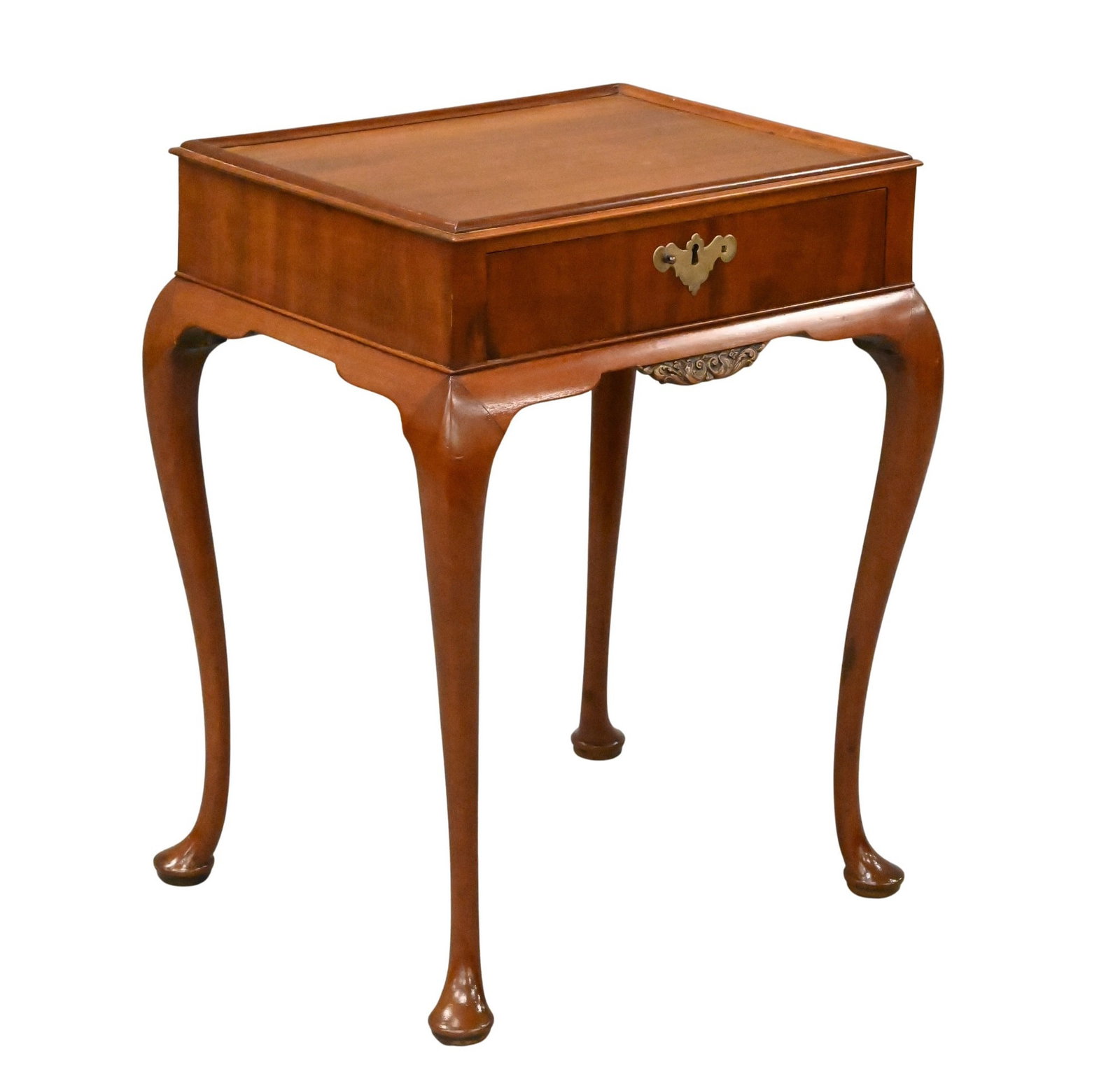 Custom Mahogany Queen Anne Style Side Table: Custom Mahogany Queen Anne Style Side Table having a galleried rectangular top over a single frieze drawer and cabriole legs ending in shoe pad feet height 27 1/2 inches, top 16" x 20 1/2" 