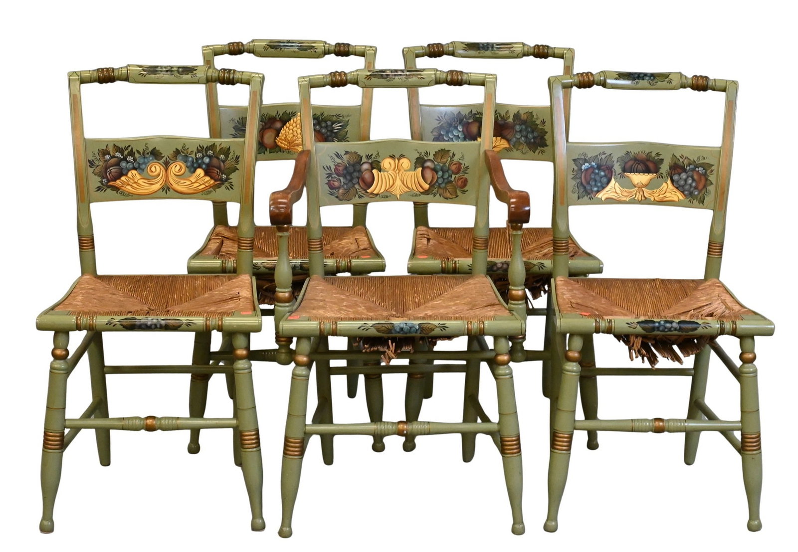 Two Sets of Chairs: Two Sets of Chairs to include five Hitchcock style chairs one of which is an armchair, along with six ladder back side chairs, sold as is height 34 inches and 42 inches Provenance: Property of Mr.