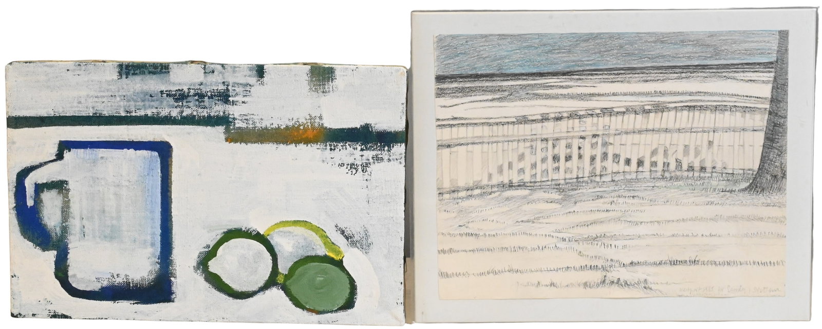 Two: Svetlana Rockwell (Russian/American 1923-2015): Two: Svetlana Rockwell (Russian/American 1923-2015) "Westport" Pencil and colored pencil on paper 9 1/2" x 12" "Still Life with Jug and Lemons" Oil on canvas Signed verso Svetlana Rockwell 9