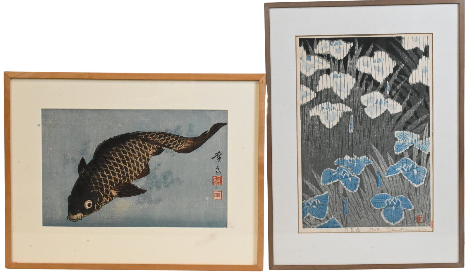 Three Framed Japanese Woodblocks: Three Framed Japanese Woodblocks to include Kasamatsu Shiro (Japanese 1898-1991) "Flowers and Grasses", 1958 Woodblock in color Signed and dated lower right Shiro Kasamatsi 15" x 10" Keisai