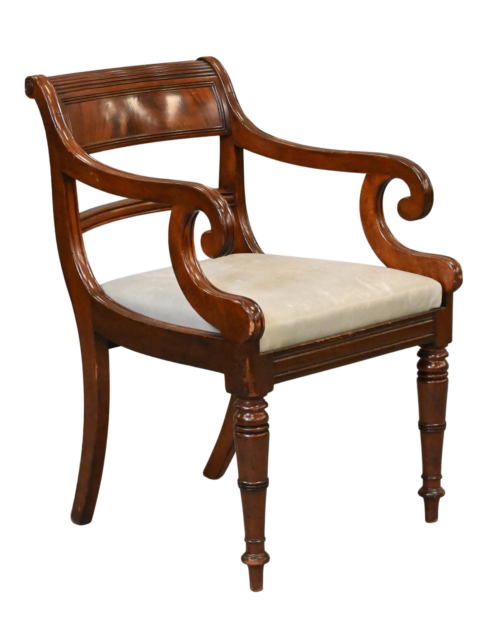 American Mahogany Armchair: American Mahogany Armchair with a curved crest rail above a shaped back splat and scrolling arms, over an upholstered seat, raised on turned legs, warm mahogany finish with expected wear. American, ci